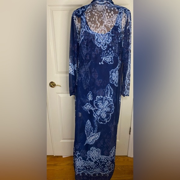 Vintage Rabbit Rabbit Rabbit Blue 2 Piece Set Maxi Dress & Sheer Overlay Size 14 - Picture 10 of 12